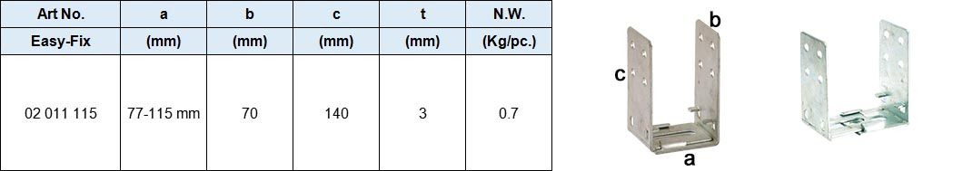 Screw-fixed U-Post Support, Width Adjustable, Zinc-plated or Hot Dip galv.