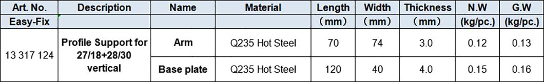 27x18mm+28x30mm Vertical Profile Support, zinc-plated