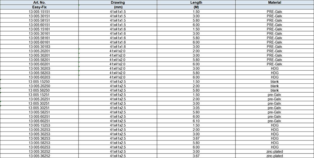 Slotted Struts 41x41mm with thickness 1.5mm 1.6mm 2.0mm 2.5mm without teeth
