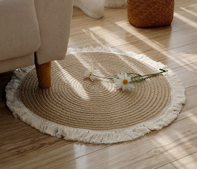 LW23HS038 Cotton and linen braided fringed floor mat rope braided floor-to-ceiling window carpet study tea seat tea table mat round