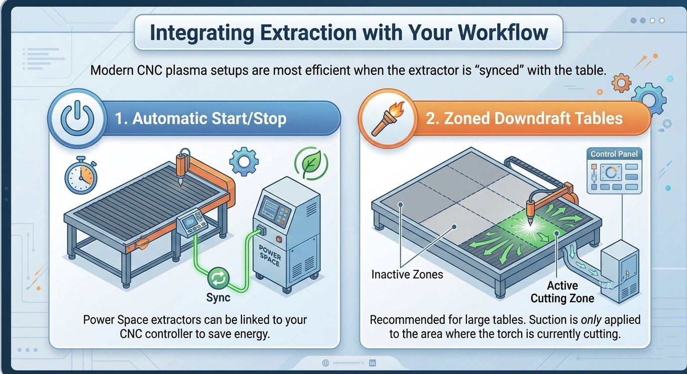 Close-up of Plasma Table Fume Extractor ducting integrated with a CNC cutting table