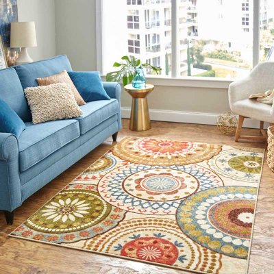 Anti slip latex backed Suzani Blue Printed Area Rug
