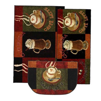 Non Slip Kitchen Mat Rubber Backing Doormat Runner Rug Set, Coffee Design