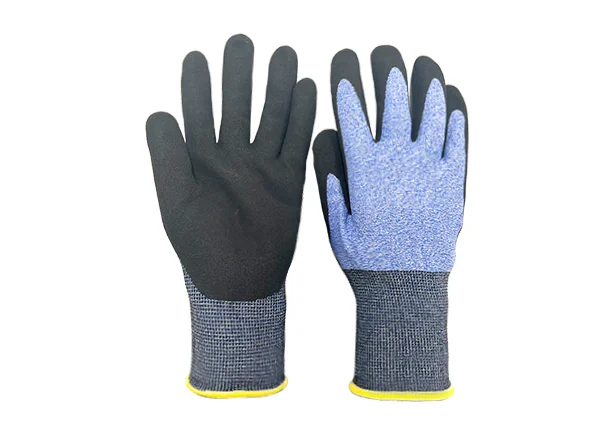 Anti cut Level 5 21gauge nylon/spandex nitrile sandy coated gloves