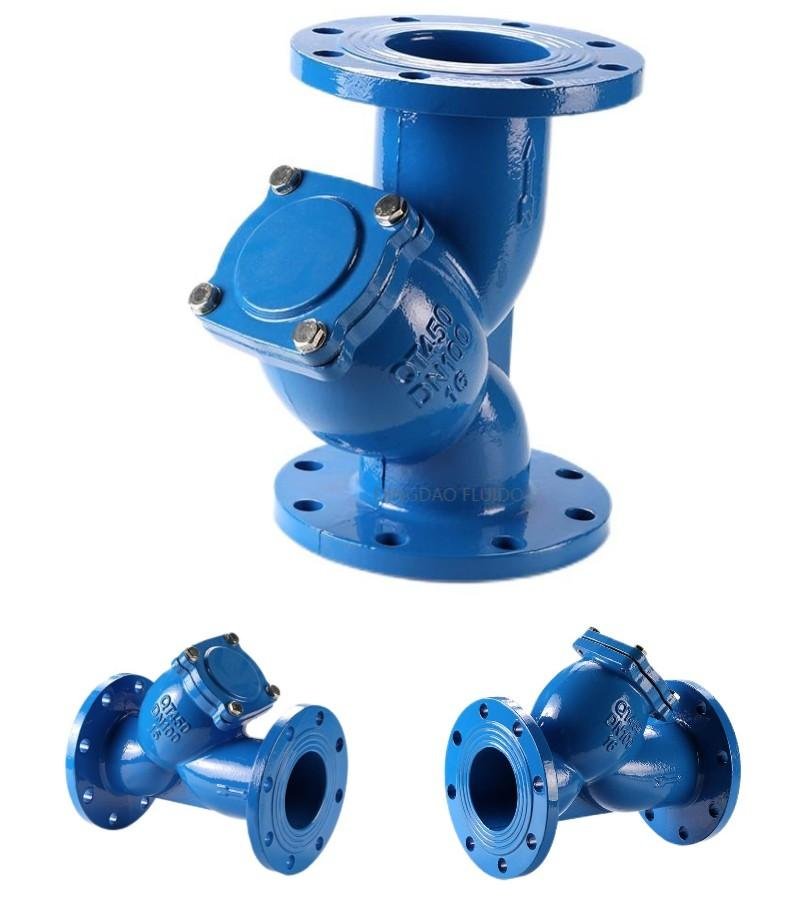 Cast-iron-Y-strainer-flange-end-with-stainless-steel-screen-blue-paint-surface